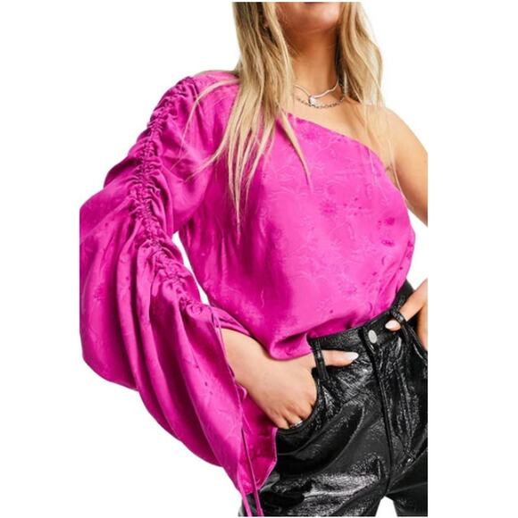 New TOPSHOP NORDSTROM Pink Flower Print Jacquard One Shoulder Top Size 8 - Picture 1 of 8